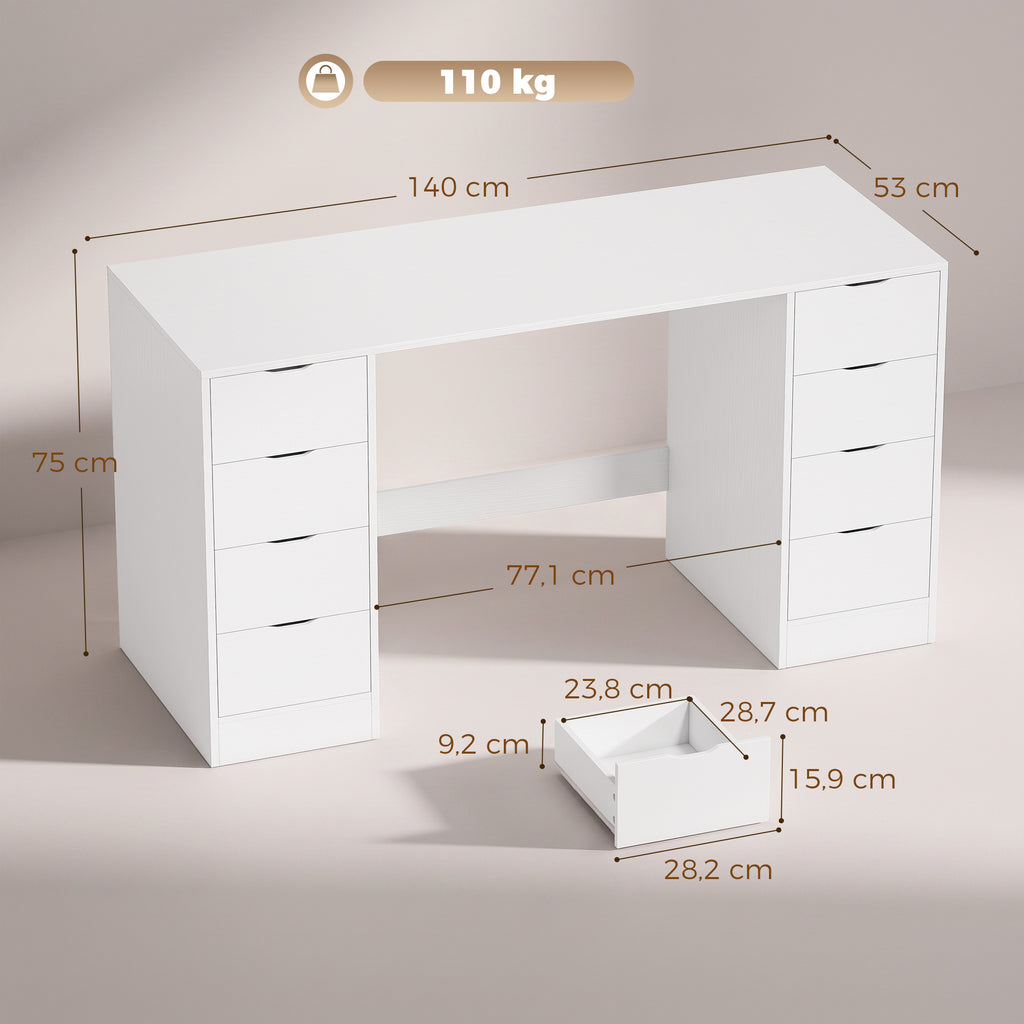 Schreibtisch 140 cm mit 8 Schubladen, moderner Bürotisch mit Stauraum, weiße Holzoptik
