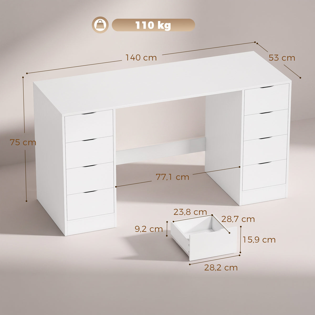 Schreibtisch 140 cm mit 8 Schubladen, moderner Bürotisch mit Stauraum, weiße Holzoptik