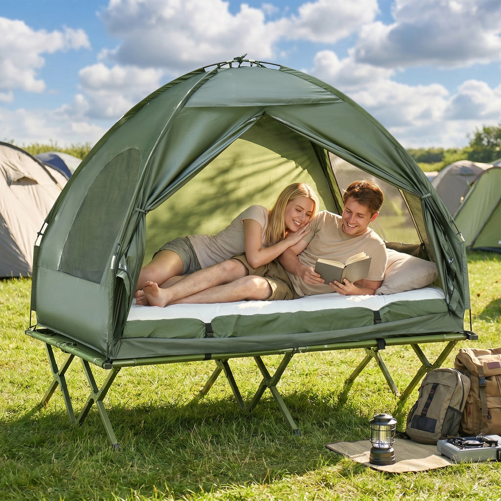 Campingzelt-Set für 2 Personen mit Feldbett und Luftmatratze Grün