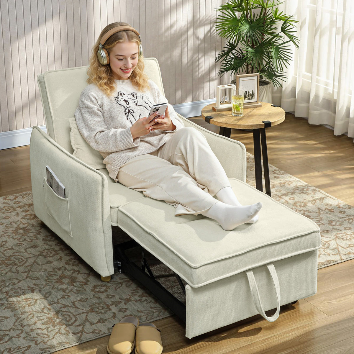Schlafsessel 3 in 1 Umwandelbarer Sessel mit Bettfunktion, Lendenkissen, für Wohnzimmer Creme