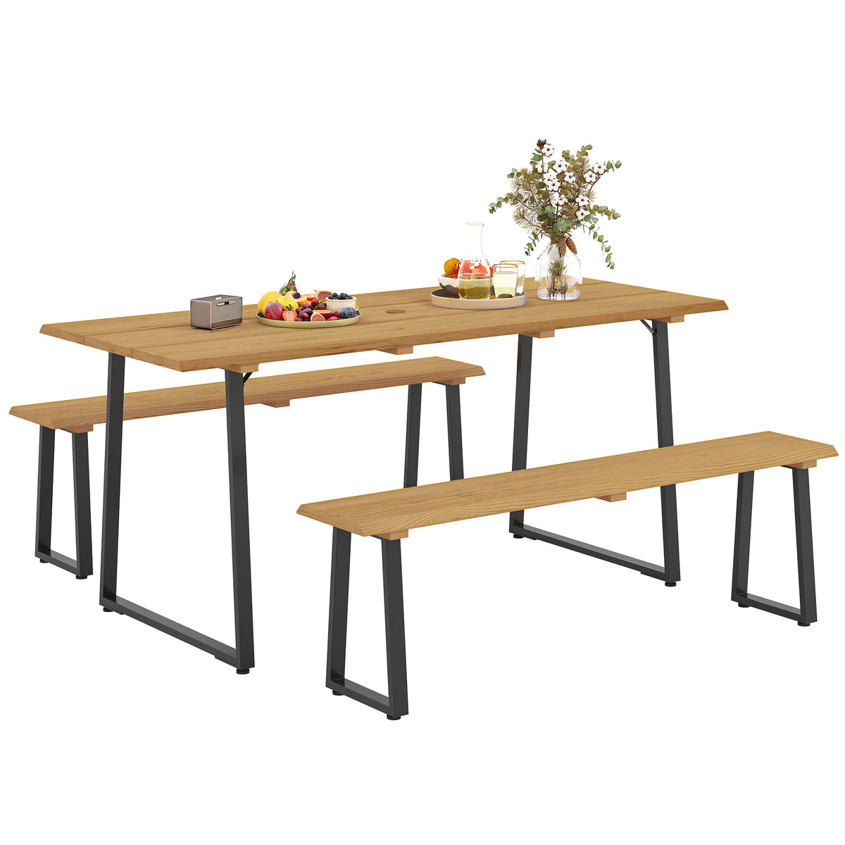 Sitzgruppe 3-teilig Holz Essgruppe für 6 Personen Esstisch mit 2 Bänke Schirmloch Holztisch 178 x 76 x 77 cm Naturholz