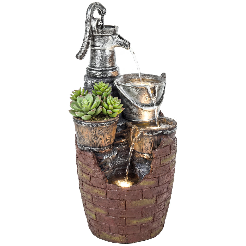 Springbrunnen 4-stufig rustikal Gartenbrunnen mit LED Beleuchtung Pflanzkübel Pumpe, Verstellbar 34 x 31 x 76 cm