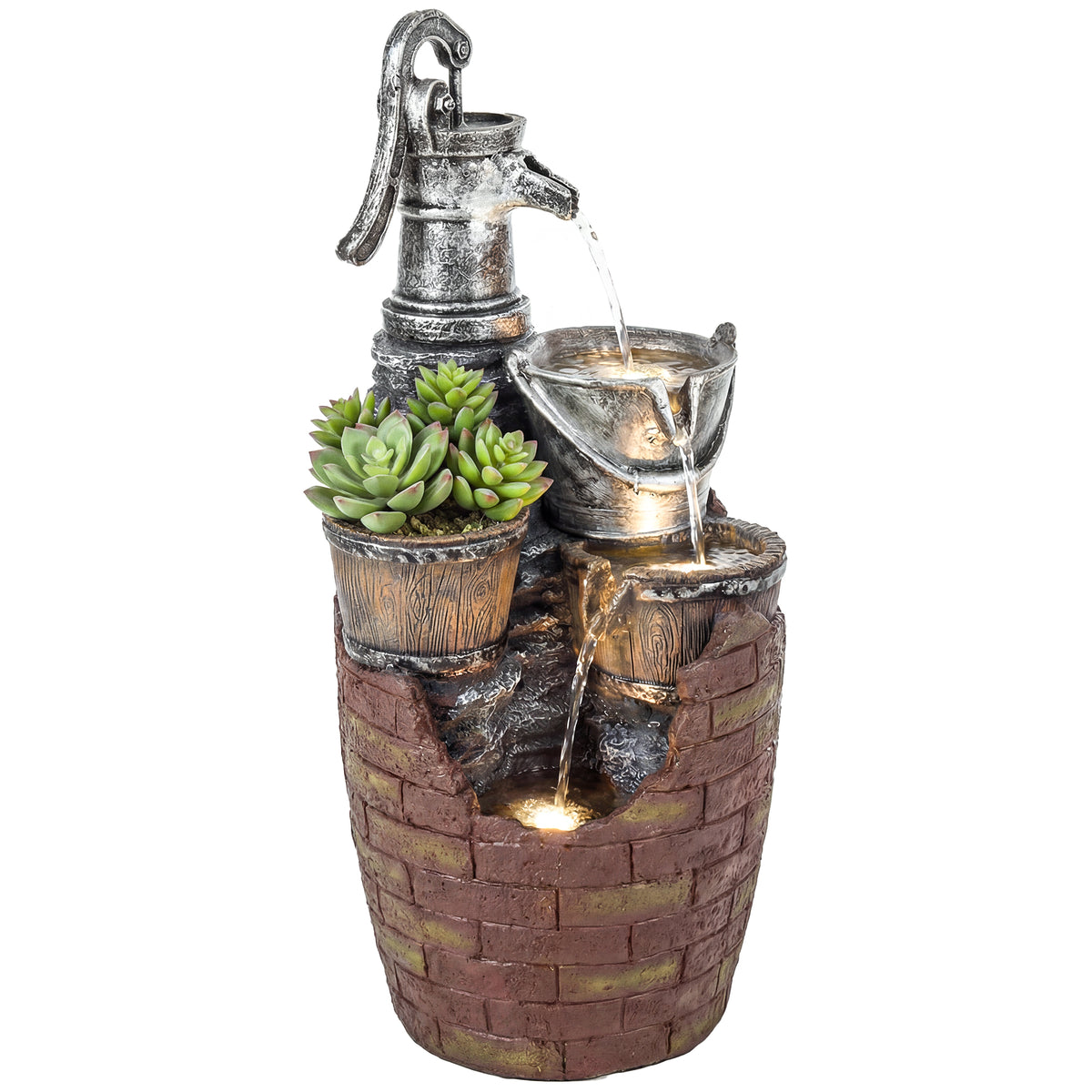 Springbrunnen 4-stufig rustikal Gartenbrunnen mit LED Beleuchtung Pflanzkübel Pumpe, Verstellbar 34 x 31 x 76 cm