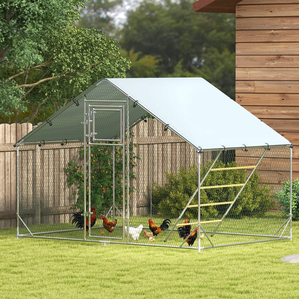 Walk-in Chicken Run w/ Cover, Feeding Door, Hanging Feeder, Perch, for 6-8 Poultry
