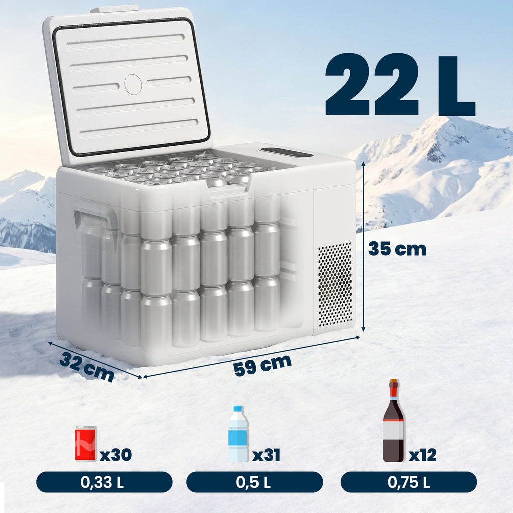 22 Liter Camping-Kühlschrank, Autokühlschrank, Kühlbox mit LED Anzeige, AC- und DC-Adapter, leiser Betrieb, Cremeweiß