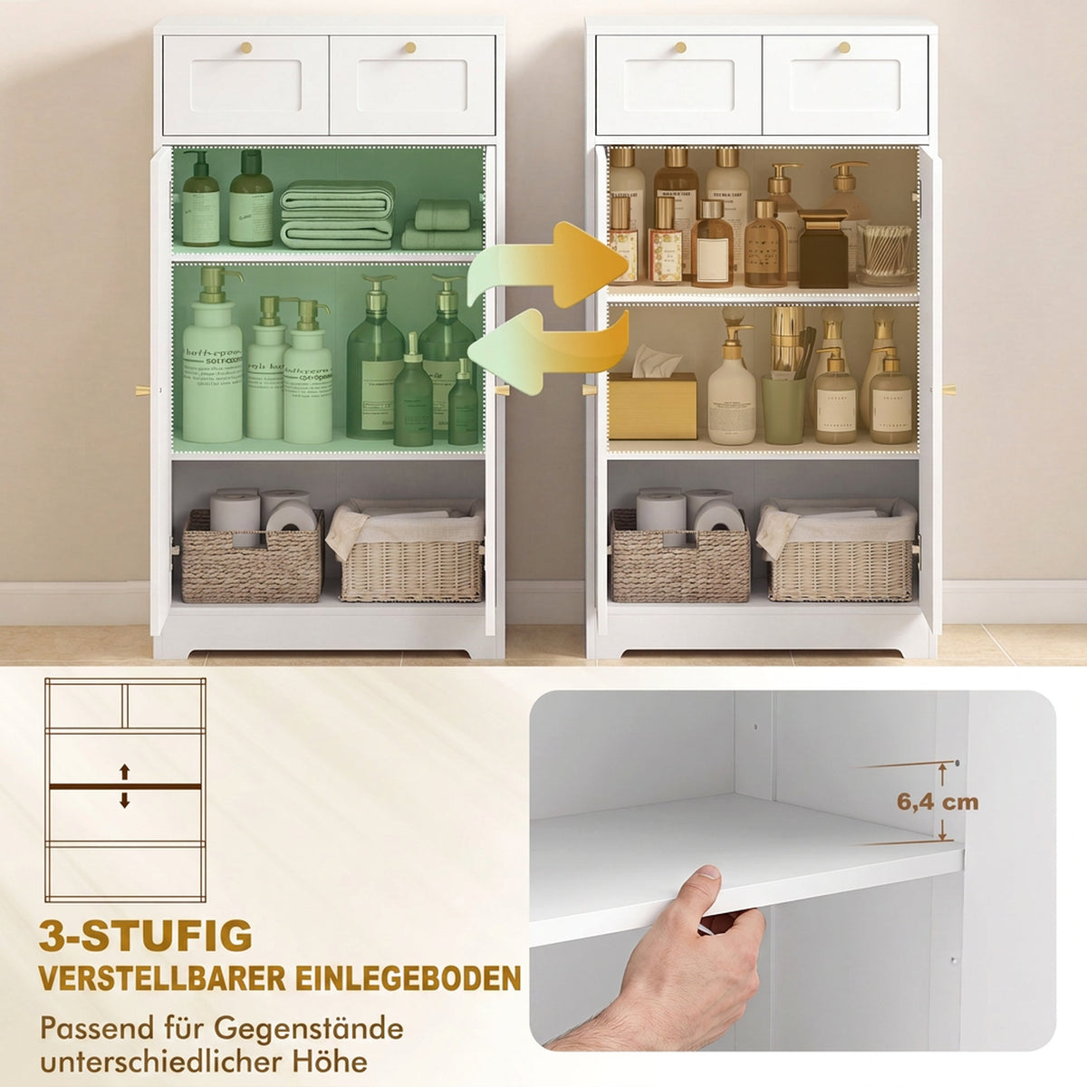 Badezimmerschrank schmal mit 2 Schubladen 60 x 30 x 108 cm Weiß