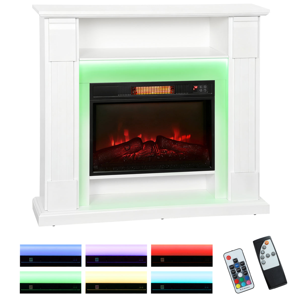 Elektrischer Kamin mit LED-Lichtern, realistischer Flammen-Effekt, 1800W, Kaminsims, 2 Fernbedienungen, Glas, Weiß