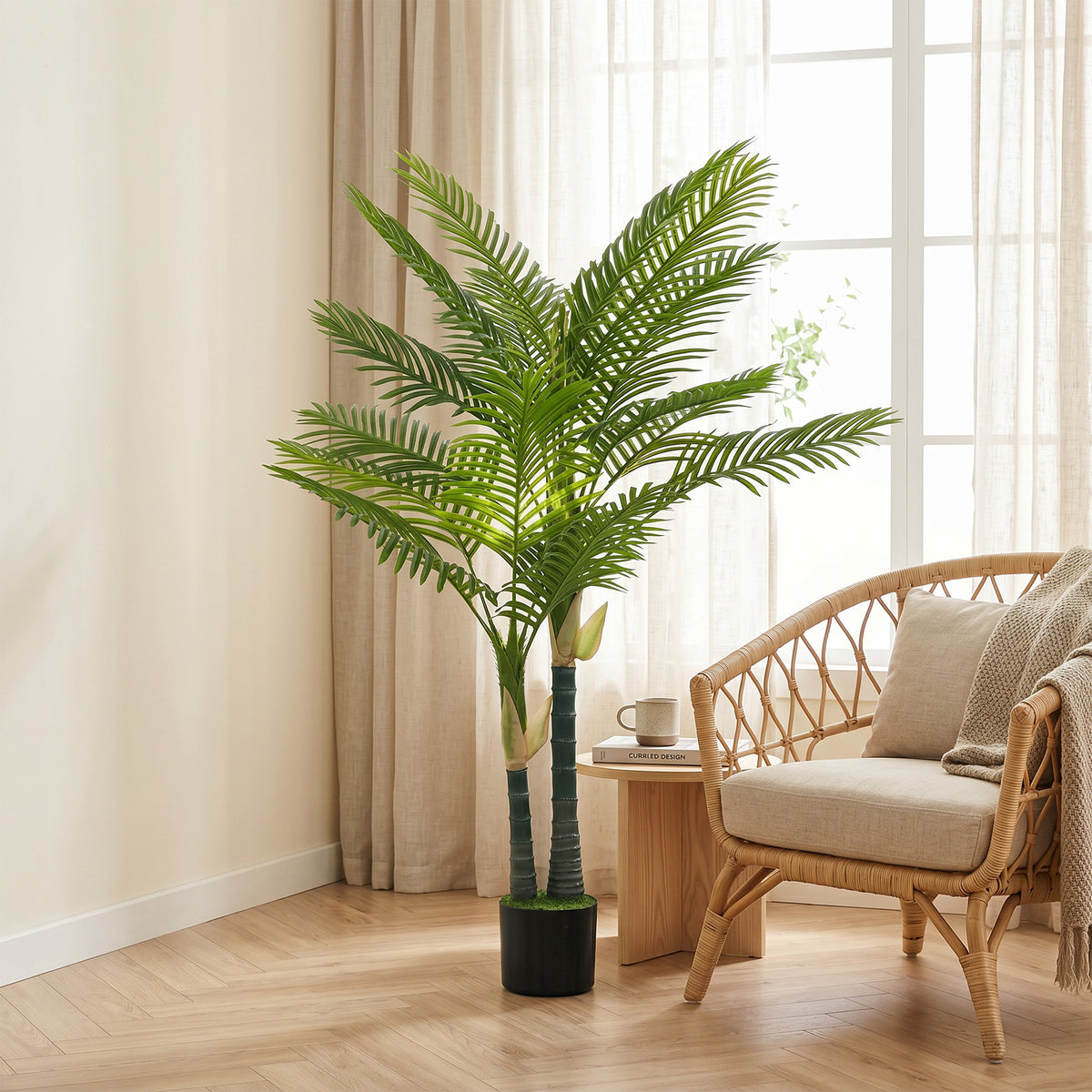 Artificial Palm Tree with 16 PEVA Leaves, 150cm Decorative Artificial Plant with Pot and Moss Effect, Green