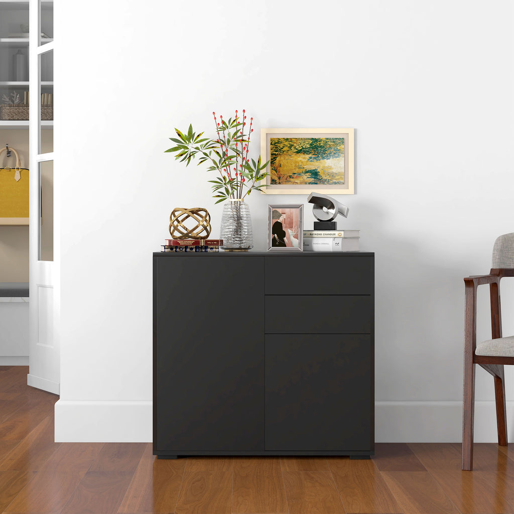 Aufbewahrungsschrank mit 2 Schubladen, 2 T¨¹ren, mit Kippschutz, f¨¹r Wohnzimmer, Schlafzimmer, 79 x 36 x 74 cm, Schwarz