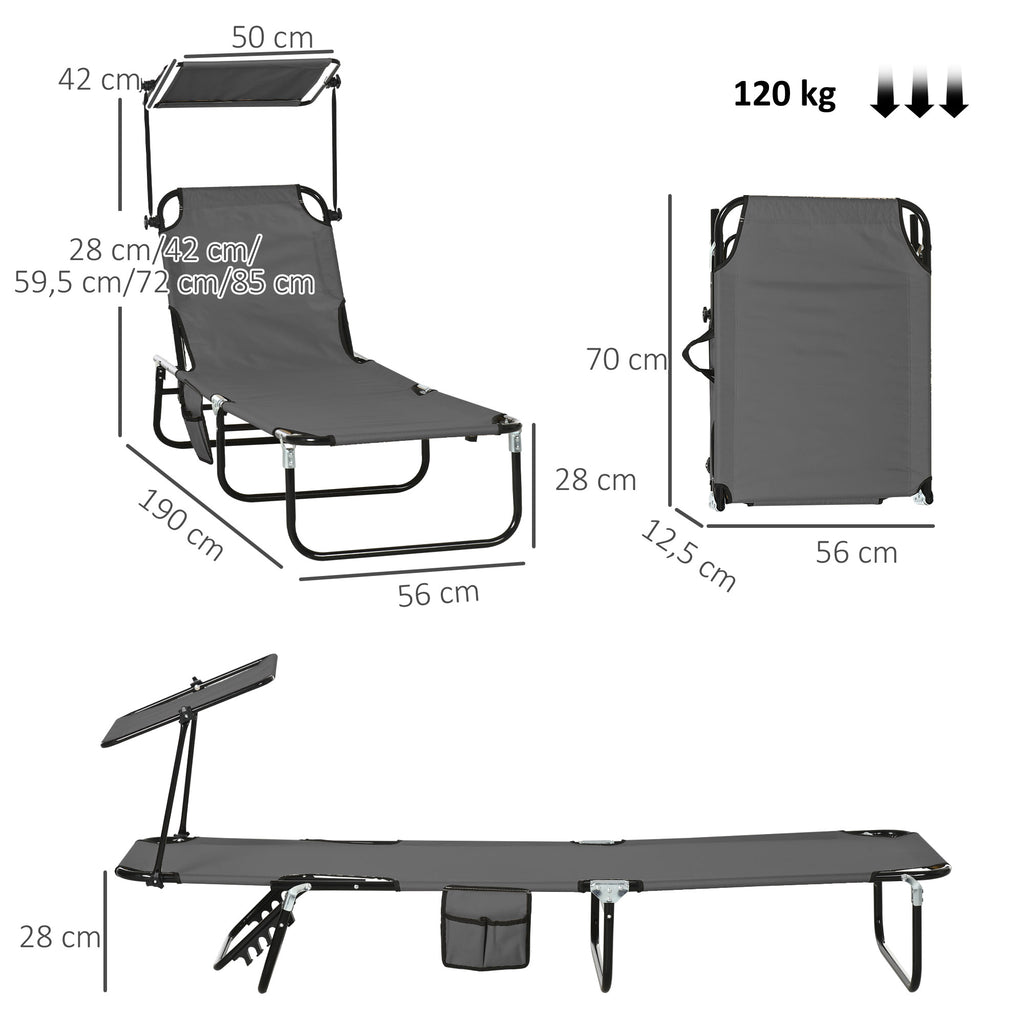 Set of Two Folding Sun Loungers, with Adjustable Backs and Sun Canopies - Grey