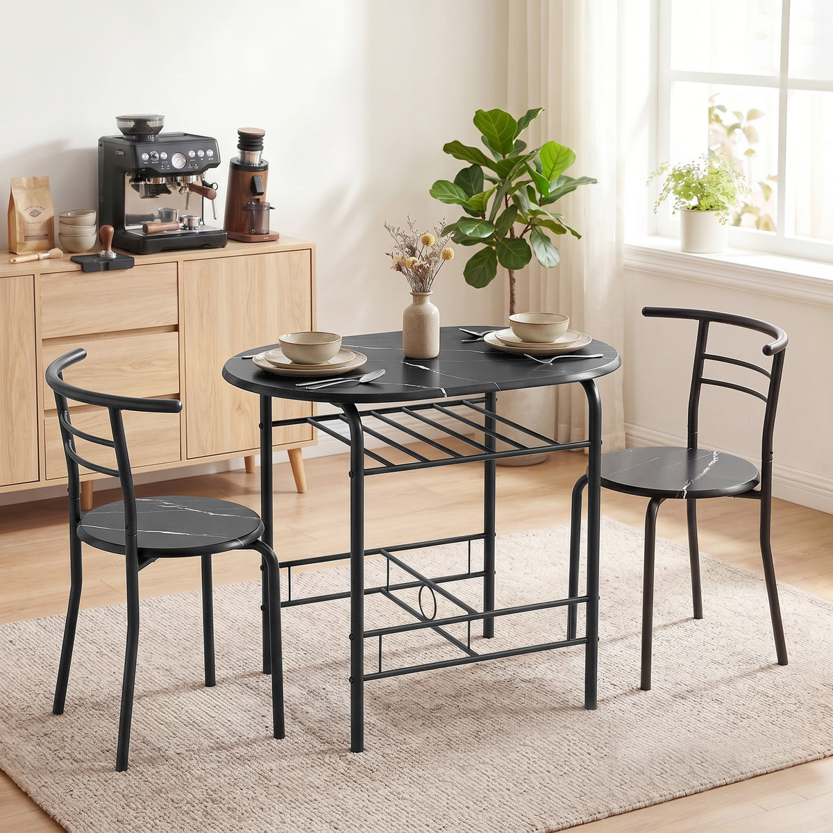 Essgruppe 3-teilig, Küchentisch und Stühle für 2 Personen mit Regal, Wohnzimmer, schwarze Marmor-Optik