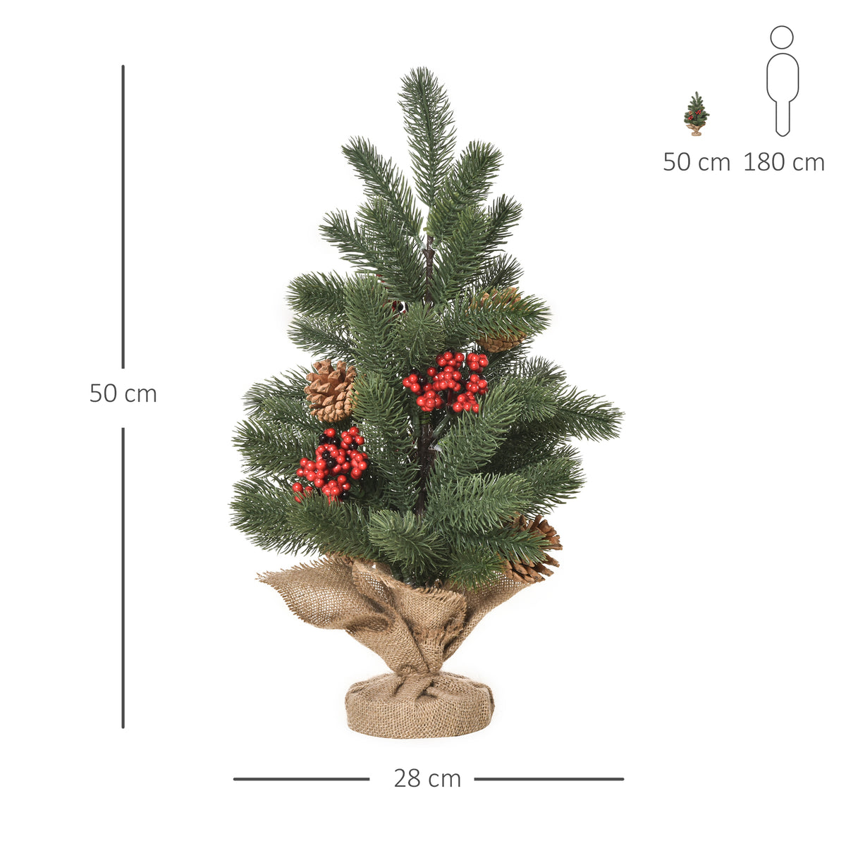 Mini-Weihnachtsbaum Weihnachtsdekoration, inkl. Schmuck, rote Beeren, 50 cm hoch, inkl. Zementsockel, Grün + Mehrfarbig