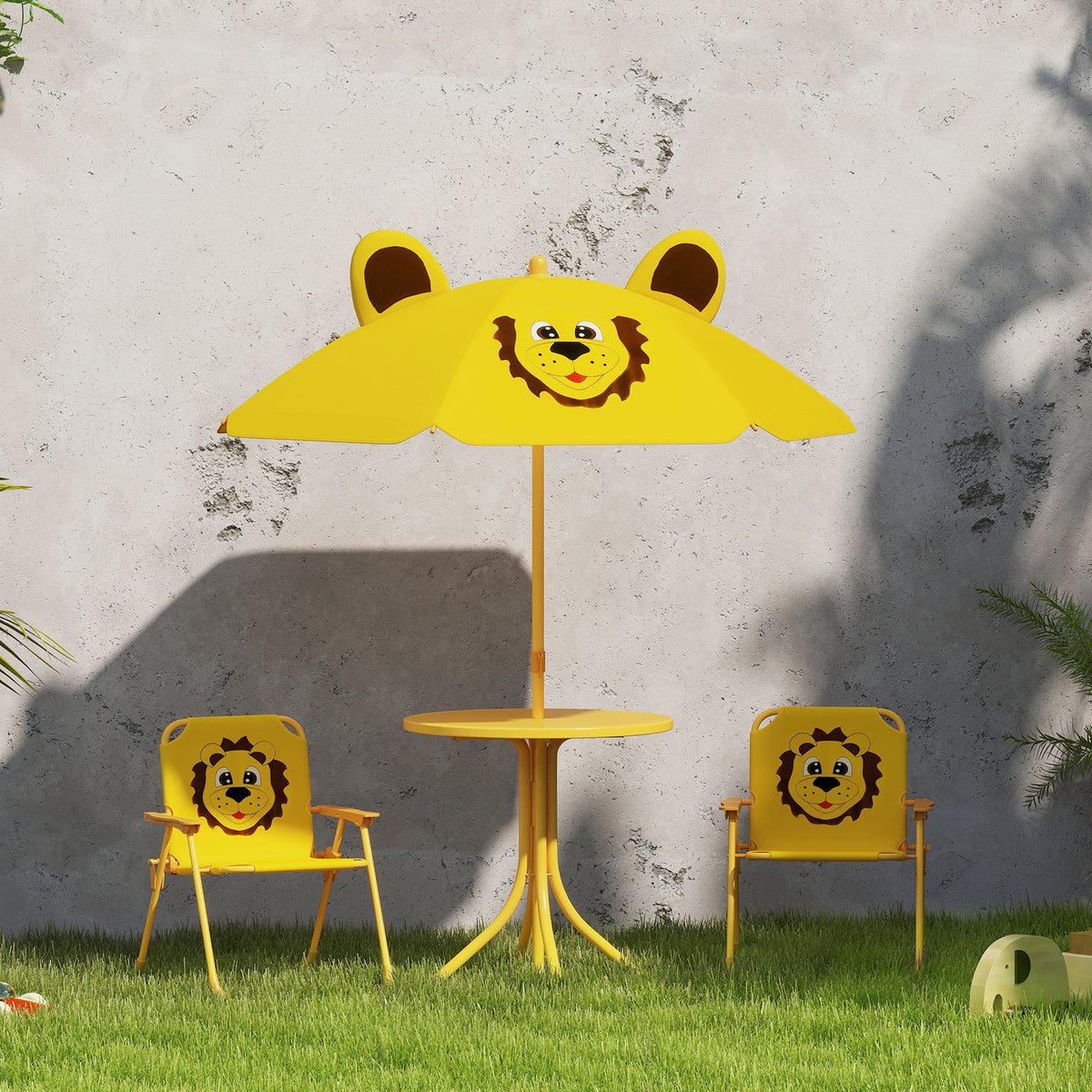 Gartenmöbel-Set für Kinder, Stühle, Tisch, Sonnenschirm, Löwen-Design, Gelb