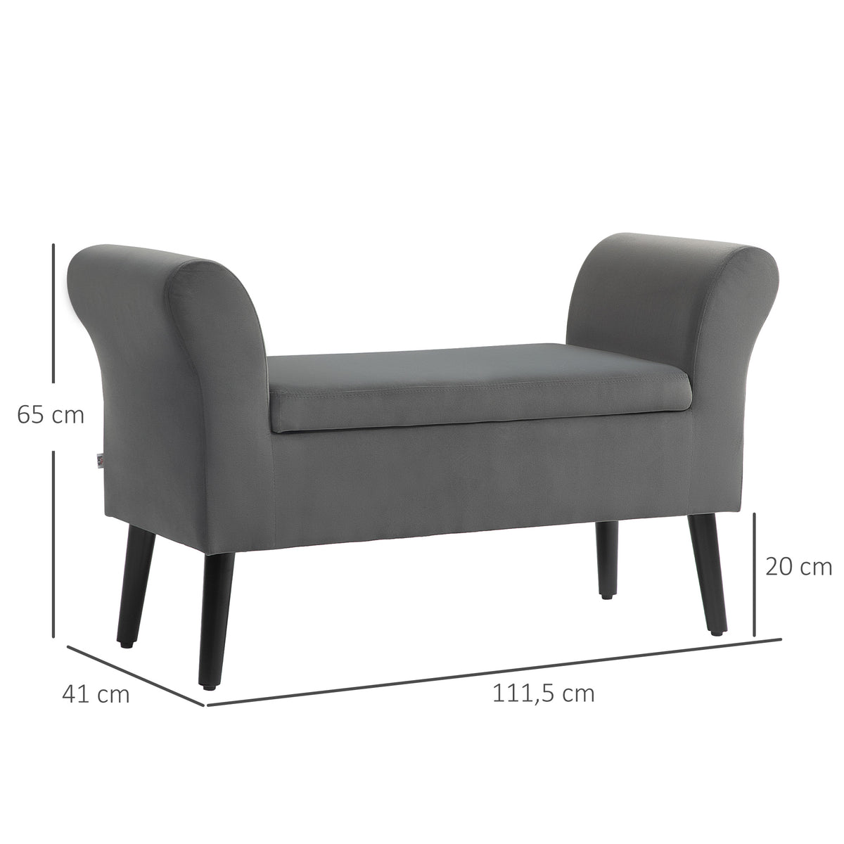 Polsterbank mit Stauraum, Truhenbank mit Armlehnen, 46 cm Sitzh?he, samtartiges Polyester, 111,5 x 41 x 65 cm, Dunkelgrau