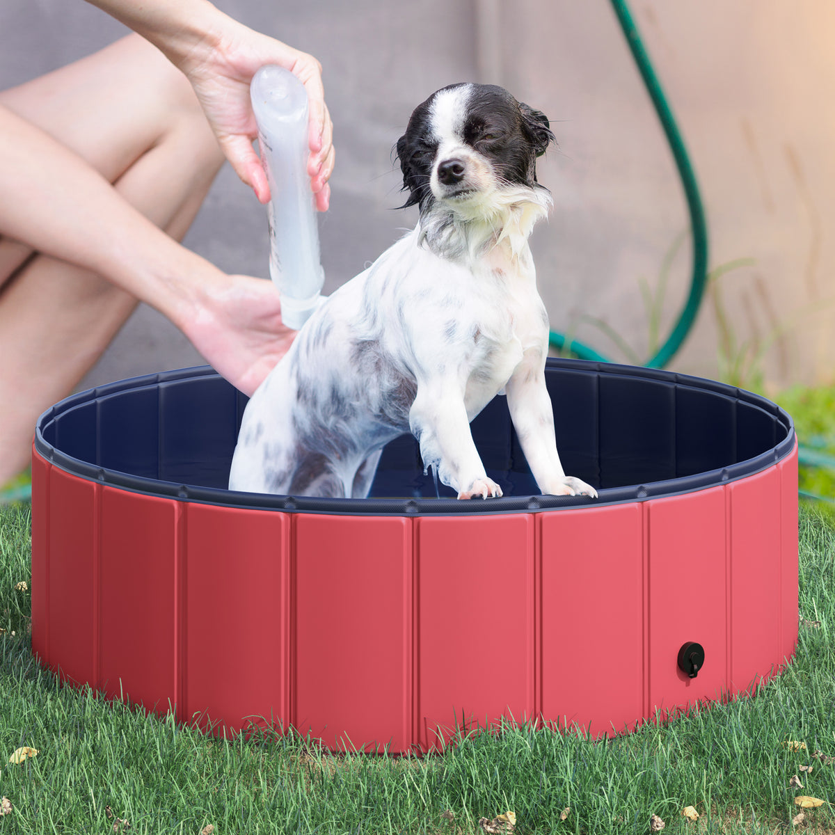  Dog Paddling Pool, Foldable Dog Pool, Leakproof & Hard Plastic, Portable Pet Bathtub with Non-Slip Base & Drainage Hole, for Indoors, Outdoors, Garden, Patio, 100 x 30 cm, Red