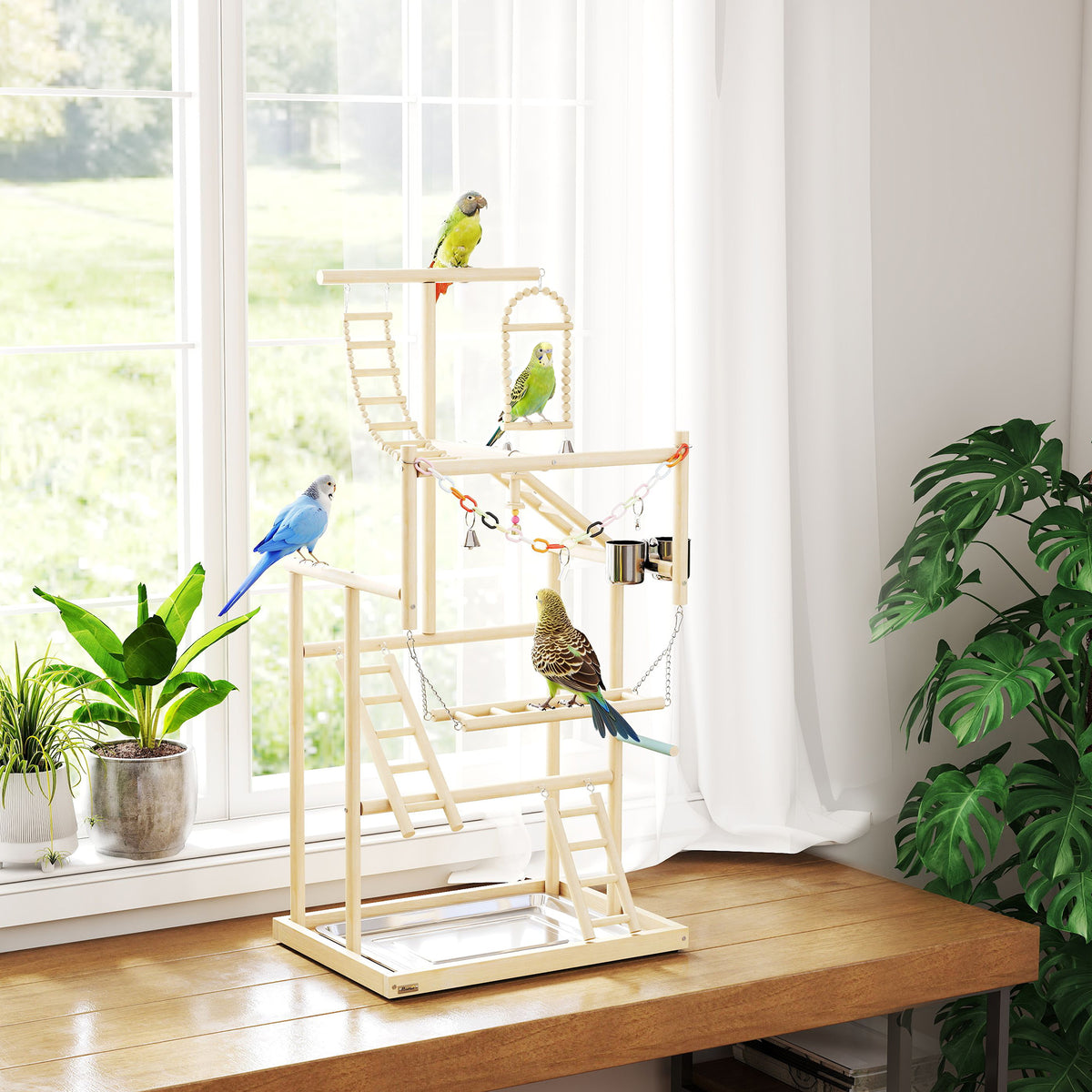 95 cm Wooden Bird Playground with Ladders, Chain Toy, Stainless Steel Cups and Tray, Bird Cage Accessories, Natural