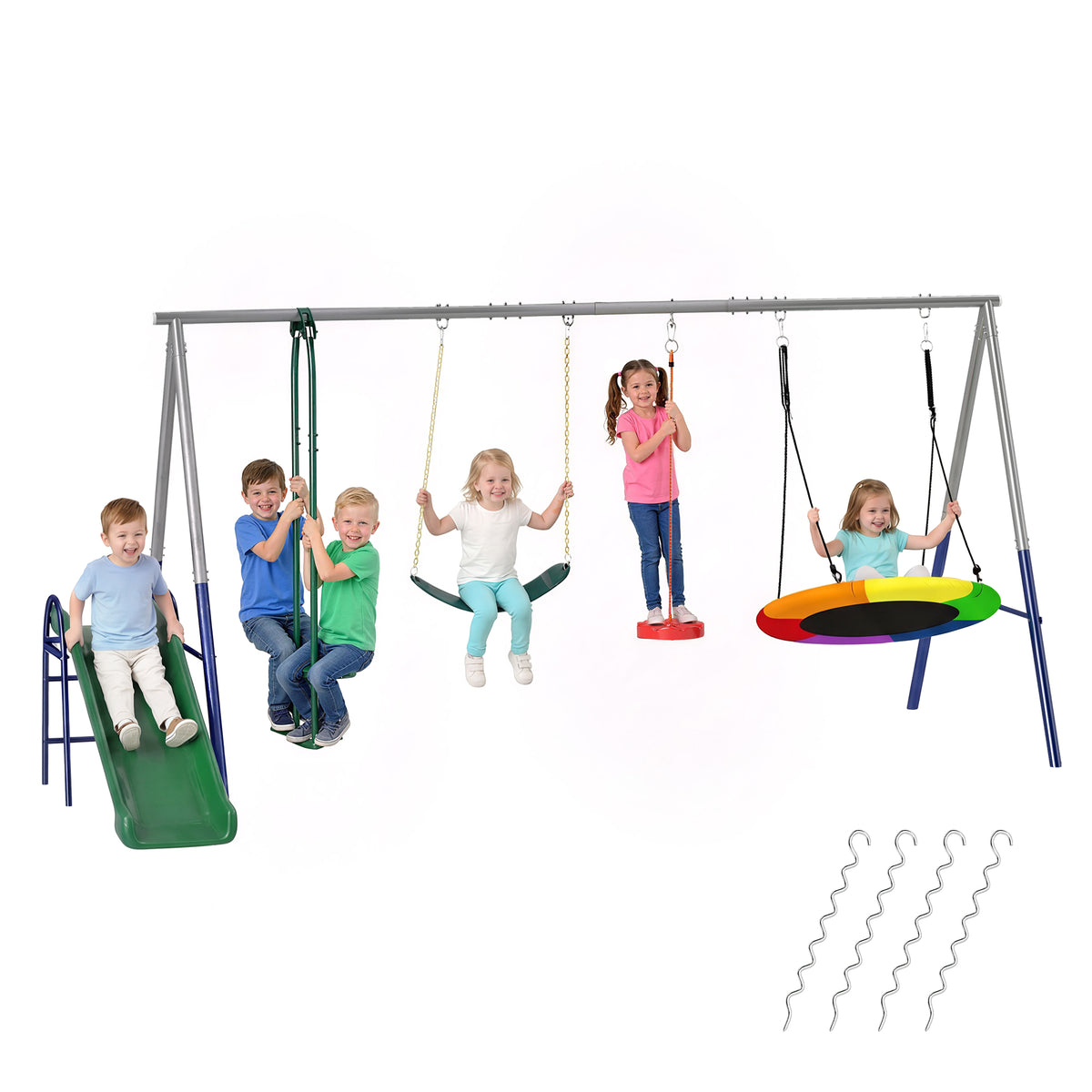 5 in 1 Schaukelgestell mit Rutsche höhenverstellbar Schaukelgerüst mit Nestschaukel 382x196 x203 cm Mehrfarbig