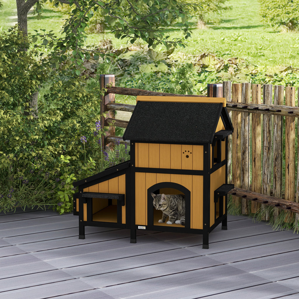 Wooden Cat House with Flower Pot, Windows, Multiple Entrances, Water-Resistant Roof for Outdoor - Yellow