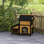Wooden Cat House with Flower Pot, Windows, Multiple Entrances, Water-Resistant Roof for Outdoor - Yellow