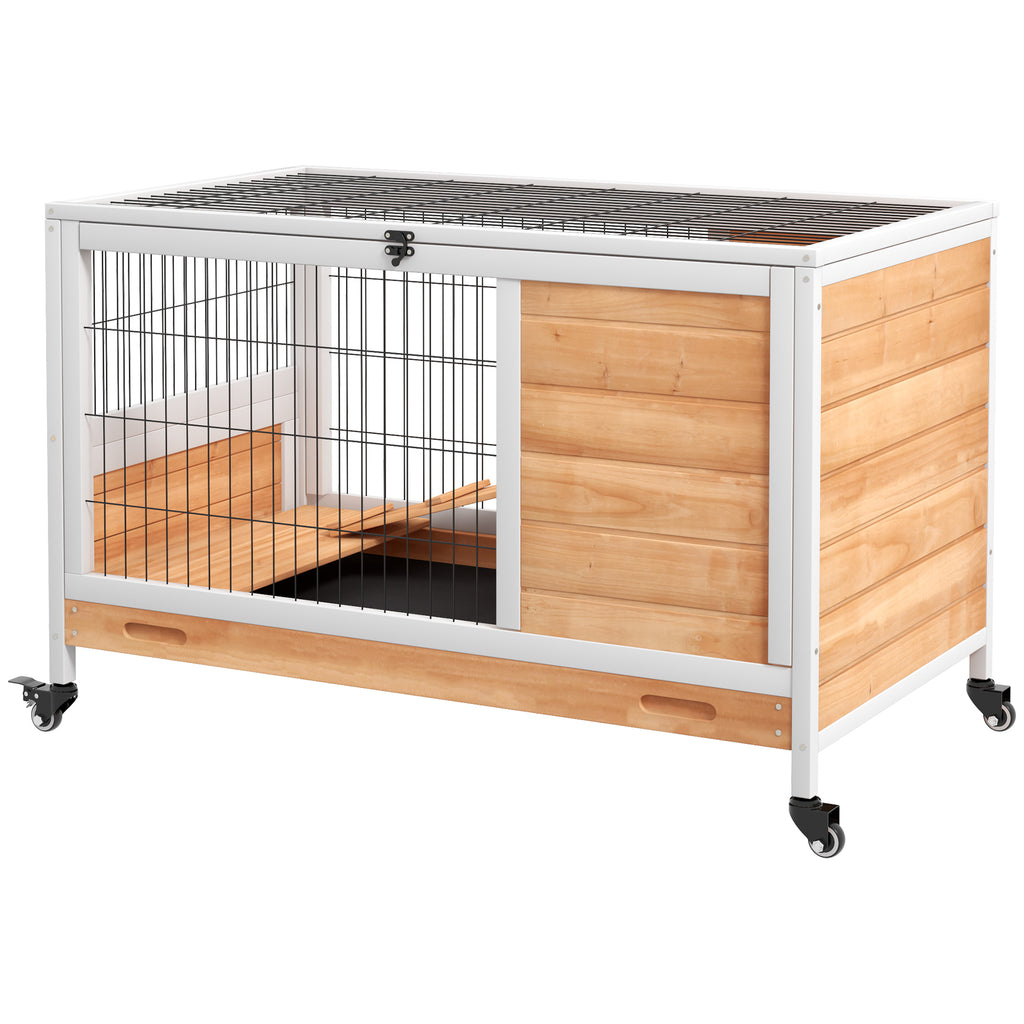 Wooden Guinea Pig Hutch, 2-Floor Bunny Cage w/ Enclosed Run Area, Yellow