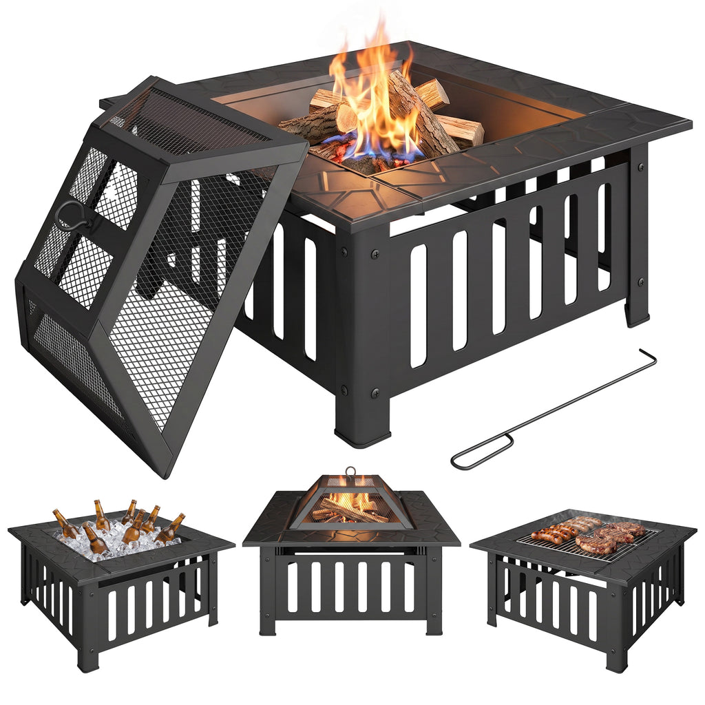 Feuerschale aus Stahl Feuerstelle mit Funkenschutz Schürhaken für Outdoor BBQ Camping 67x67x47cm Schwarz