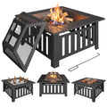 Feuerschale aus Stahl Feuerstelle mit Funkenschutz Schürhaken für Outdoor BBQ Camping 67x67x47cm Schwarz