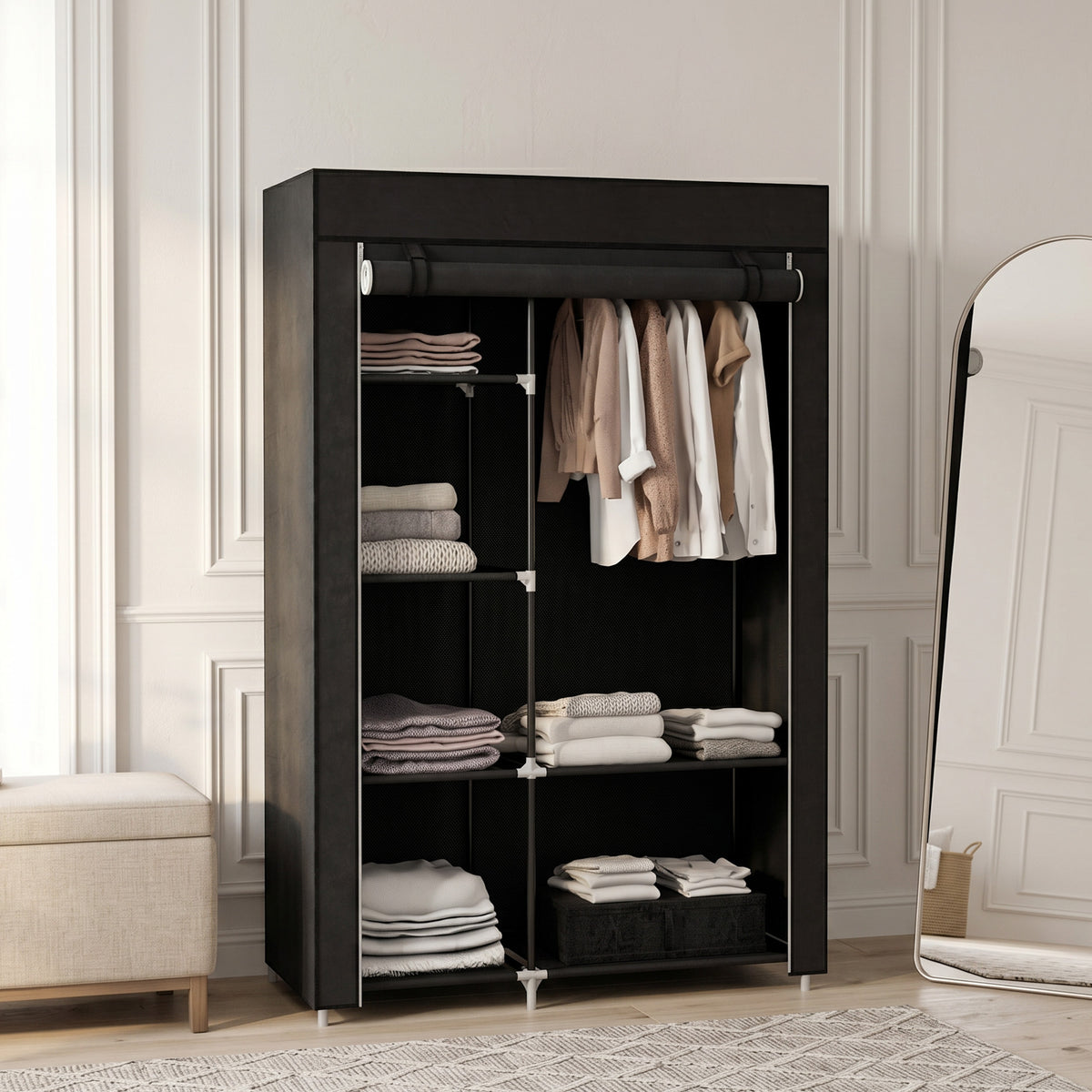 Fabric Wardrobe w/ Shelves Hanging Rail Foldable Wardrobe Black