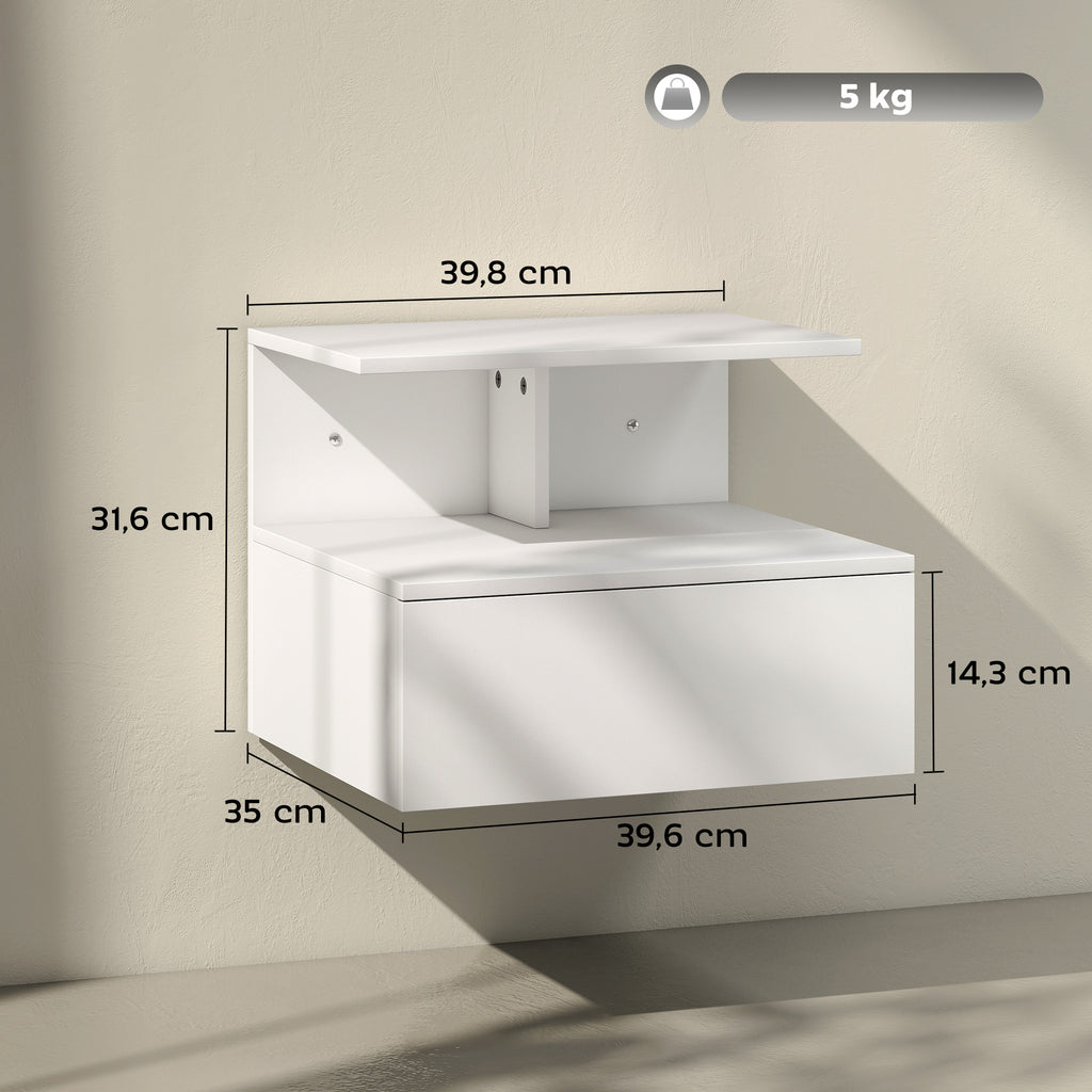 Nachttisch h?ngend Beistelltisch mit Schublade, offenes Fach Wei?, 39,8 x 35 x 31,6 cm