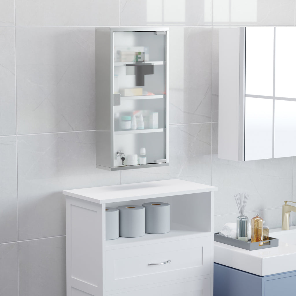  4 Tier Stainless Steel Wall Mounted Medicine Cabinet Glass Lockable Door Storage Shelves Houseware Bathroom Furniture 60Hx30Wx12D(cm) w/2 Keys
