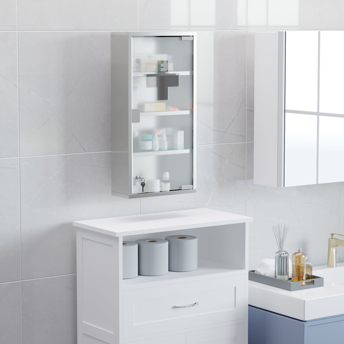  4 Tier Stainless Steel Wall Mounted Medicine Cabinet Glass Lockable Door Storage Shelves Houseware Bathroom Furniture 60Hx30Wx12D(cm) w/2 Keys