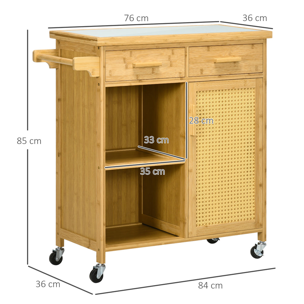 K¨¹chenwagen aus Bambus, Mehrzweckwagen, Sevierwagen, 2 Schubladen, 1 Schrank,  2 Regale, Natur