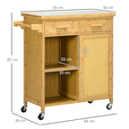 K¨¹chenwagen aus Bambus, Mehrzweckwagen, Sevierwagen, 2 Schubladen, 1 Schrank,  2 Regale, Natur