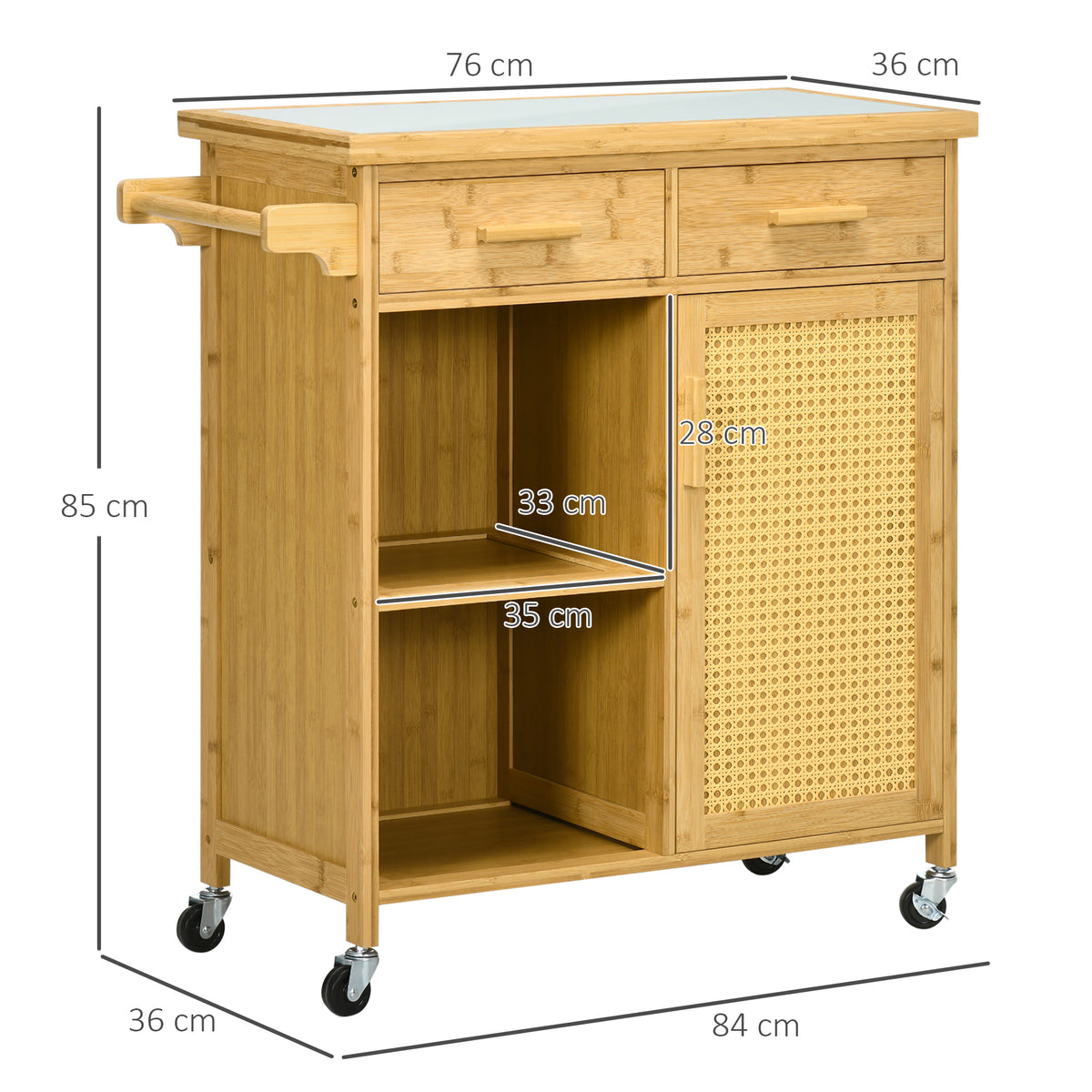 K¨¹chenwagen aus Bambus, Mehrzweckwagen, Sevierwagen, 2 Schubladen, 1 Schrank,  2 Regale, Natur