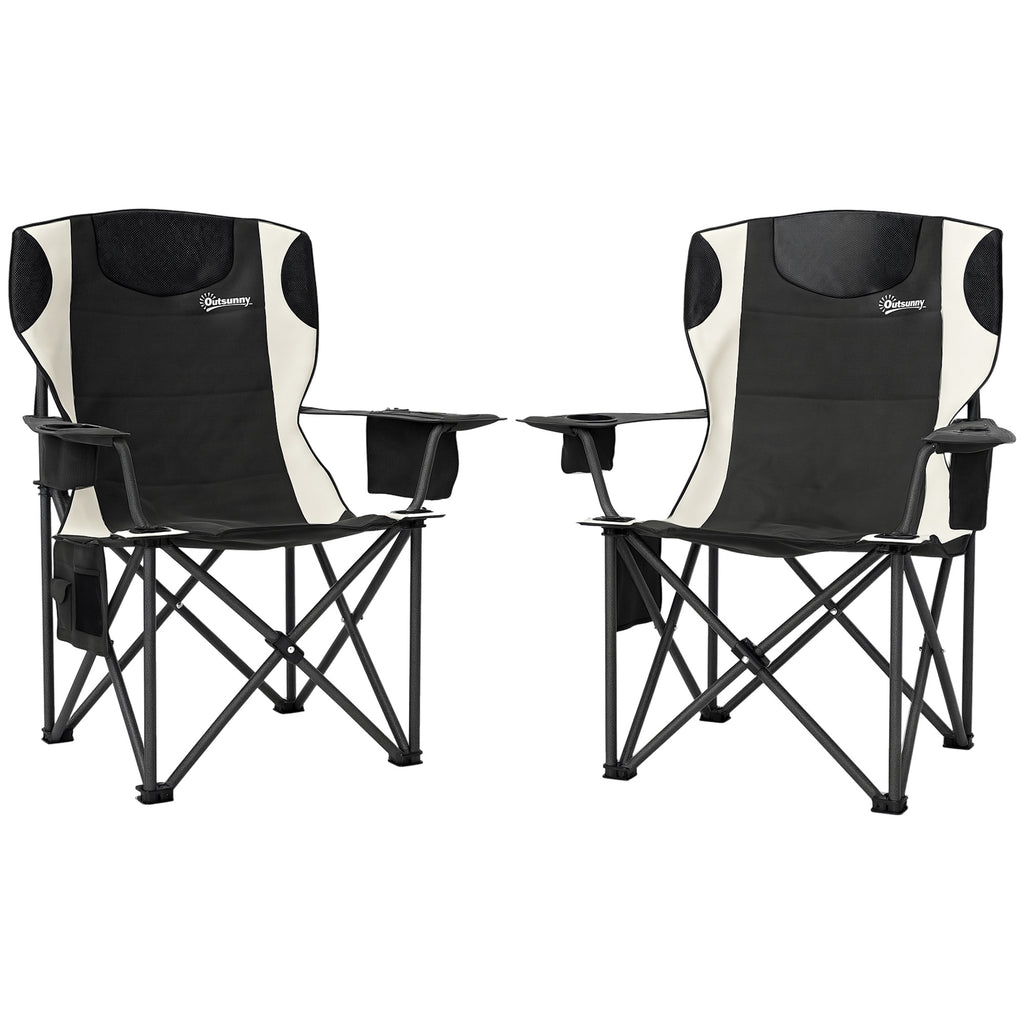 Set of 2 Folding Camping Chairs, Padded Camping Chairs with Adjustable Armrests, Portable & Lightweight Folding Camp Chair with Cooler Bag, Cup Holder and Side Pockets, Black