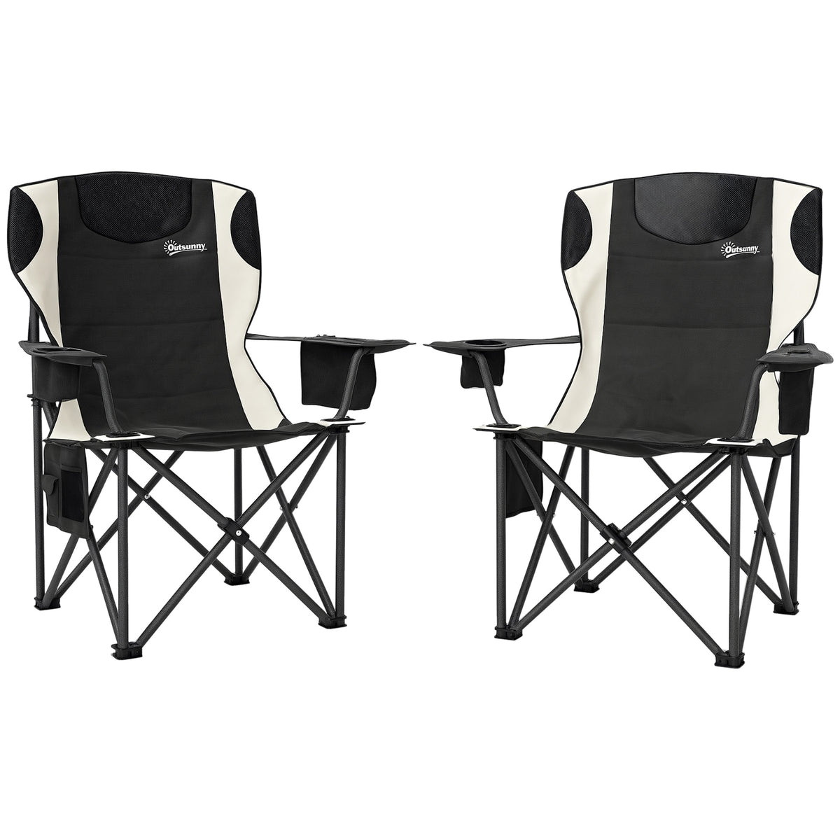 Set of 2 Folding Camping Chairs, Padded Camping Chairs with Adjustable Armrests, Portable & Lightweight Folding Camp Chair with Cooler Bag, Cup Holder and Side Pockets, Black