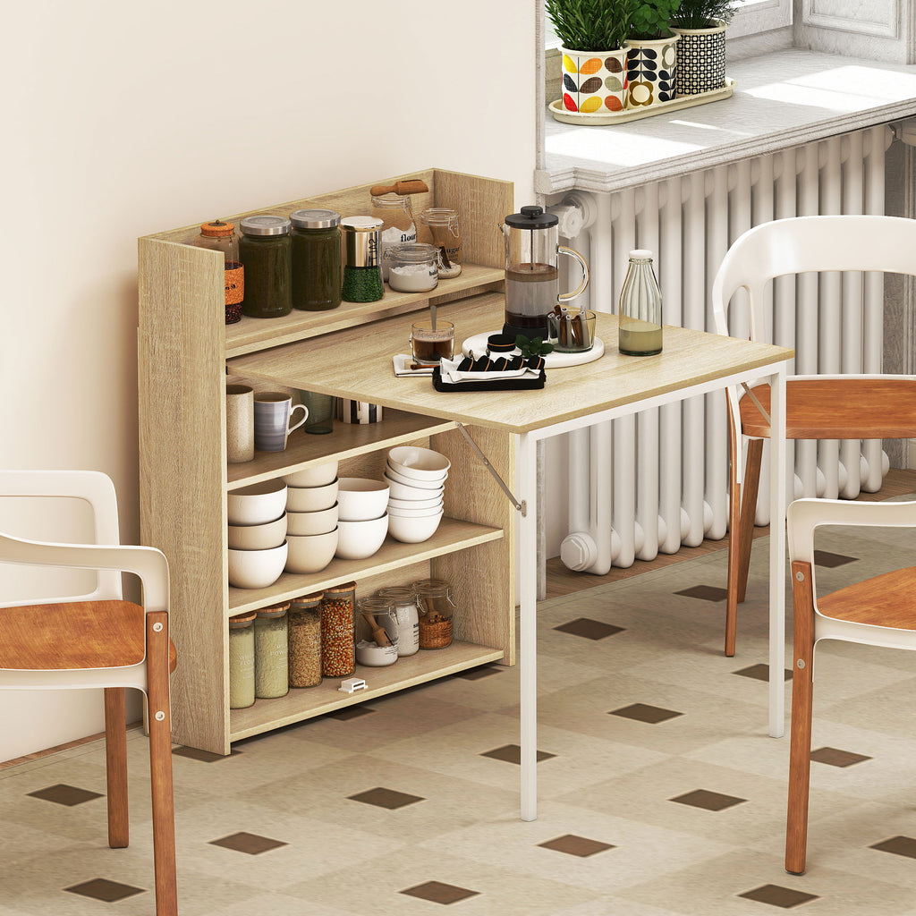 Kitchen Table, Folding Dining Table, with 4-Tier Shelves, Modern Drop-Leaf Table, Oak Wood Effect