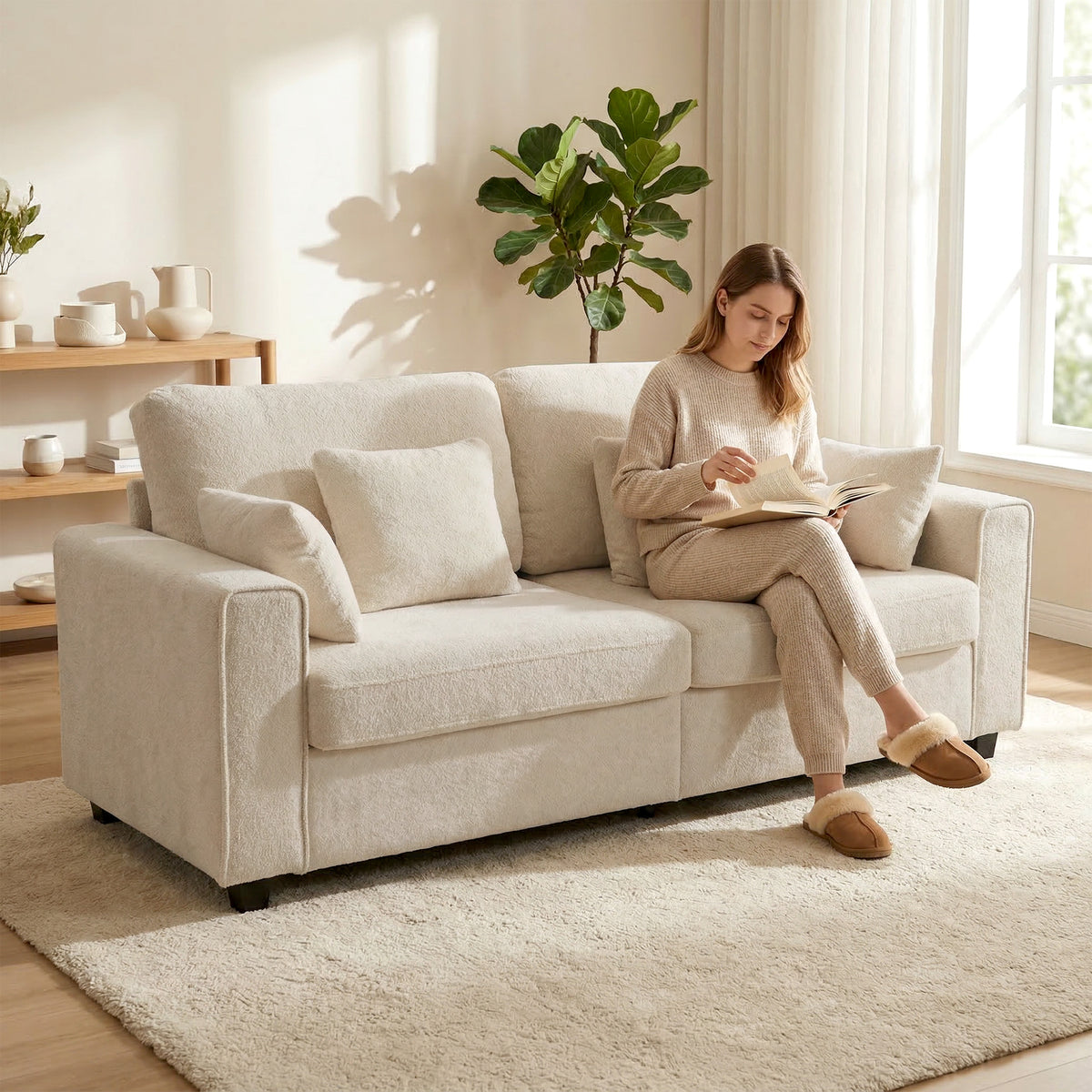 Beiges 3-Sitzer-Sofa mit Raindrop-Samtbezug, tiefem Sitz, Federkissen, breiten Armlehnen und 4 Kissen