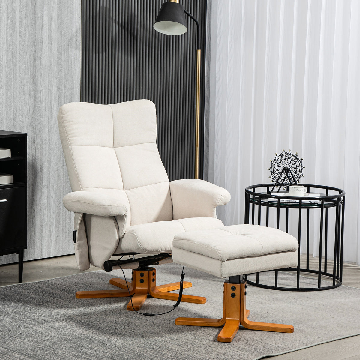 Massagesessel mit Liegefunktion und Fu?hocker, 145¡ã-Neigung, Polyester, 80 x 86 x 99 cm, Cremewei?