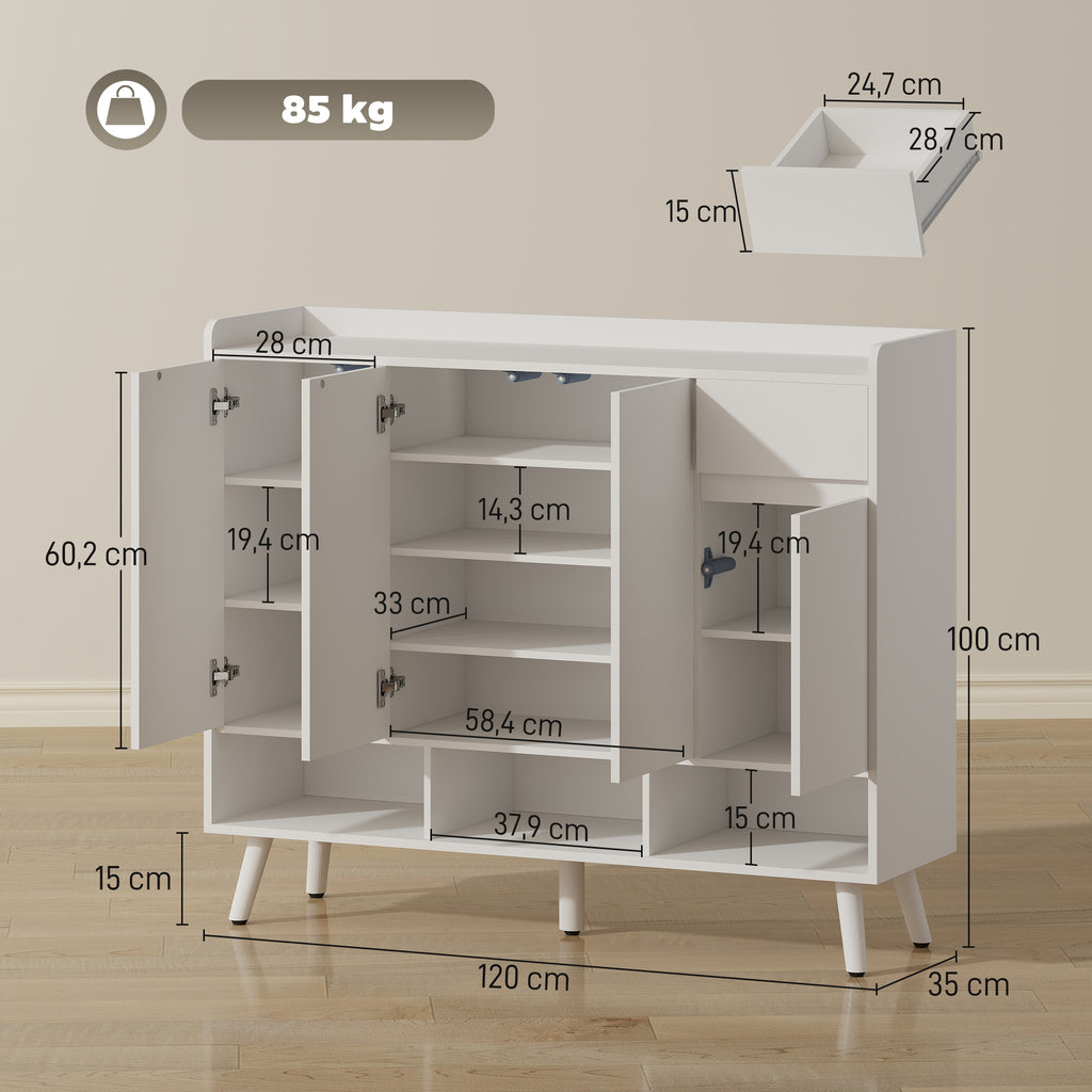 Schuhschrank mit grifflosem Design, 4 T¨¹ren, 4 verstellbare Regale, freistehendes Schuhregal mit 5 Holzbeinen, Holz, Wei?