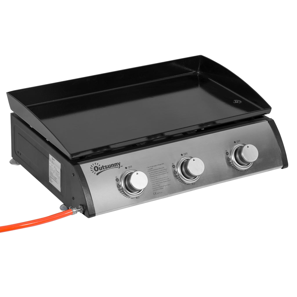 Gasgrill mit 3 Brennern, Schlauch, Antihaft-Grillplatte, Edelstahl, Farbe: Silber, 63 x 48 x 21 cm