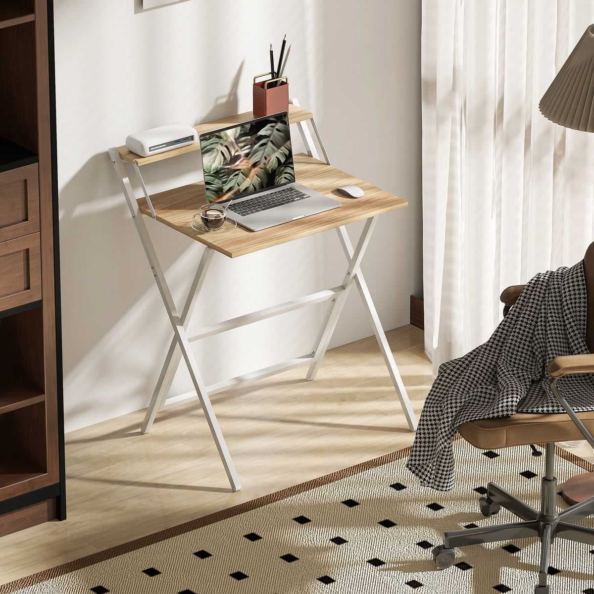 70 cm Folding Computer Desk with Monitor Shelf - Natural Wood Finish