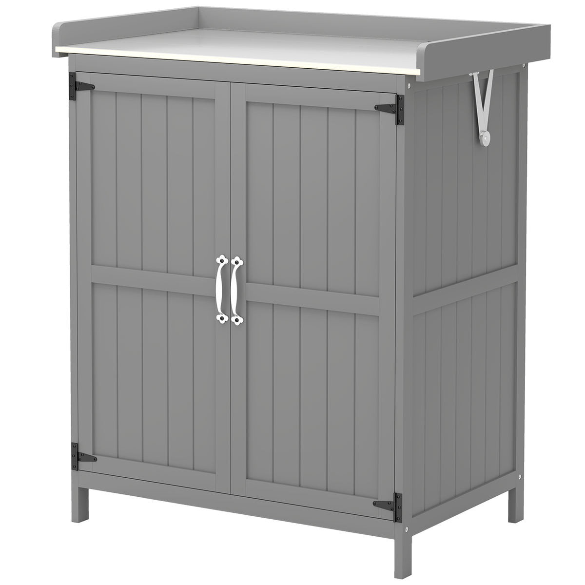 Gartenschrank, Werkzeugschrank für den Außenbereich, mit Arbeitsfläche, Holz und Edelstahl, Doppeltüren, Grau
