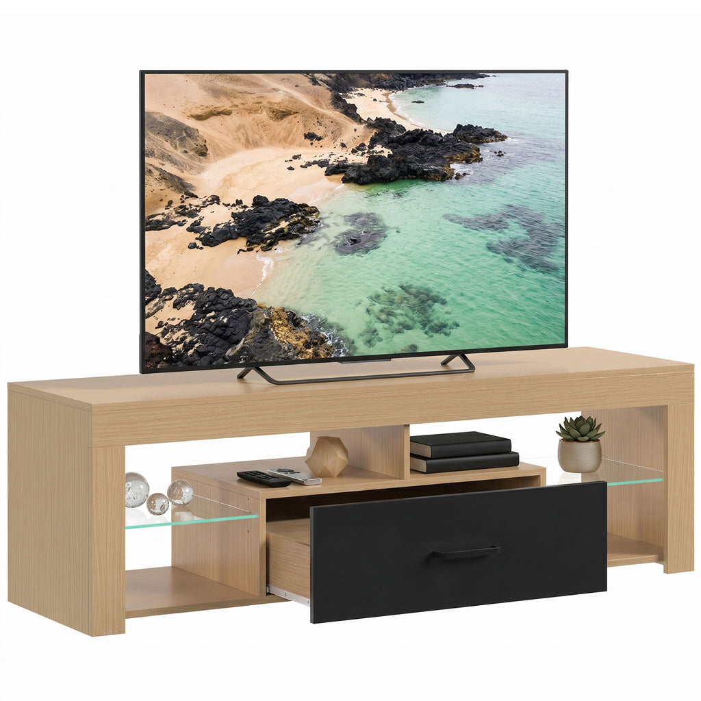 TV-Lowboard für Fernseher bis 65 Zoll, moderner TV-Schrank mit verstellbaren Glasböden, Eiche