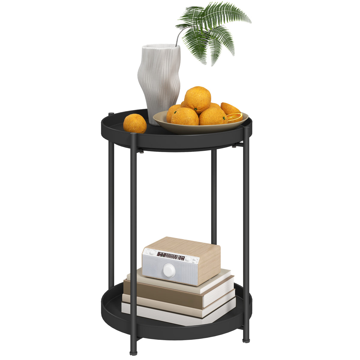 Runder Beistelltisch mit Regalboden, 2-stufiger Kaffeetisch f¨¹r Wohnzimmer, Schlafzimmer, kleine R?ume, Metall, Schwarz