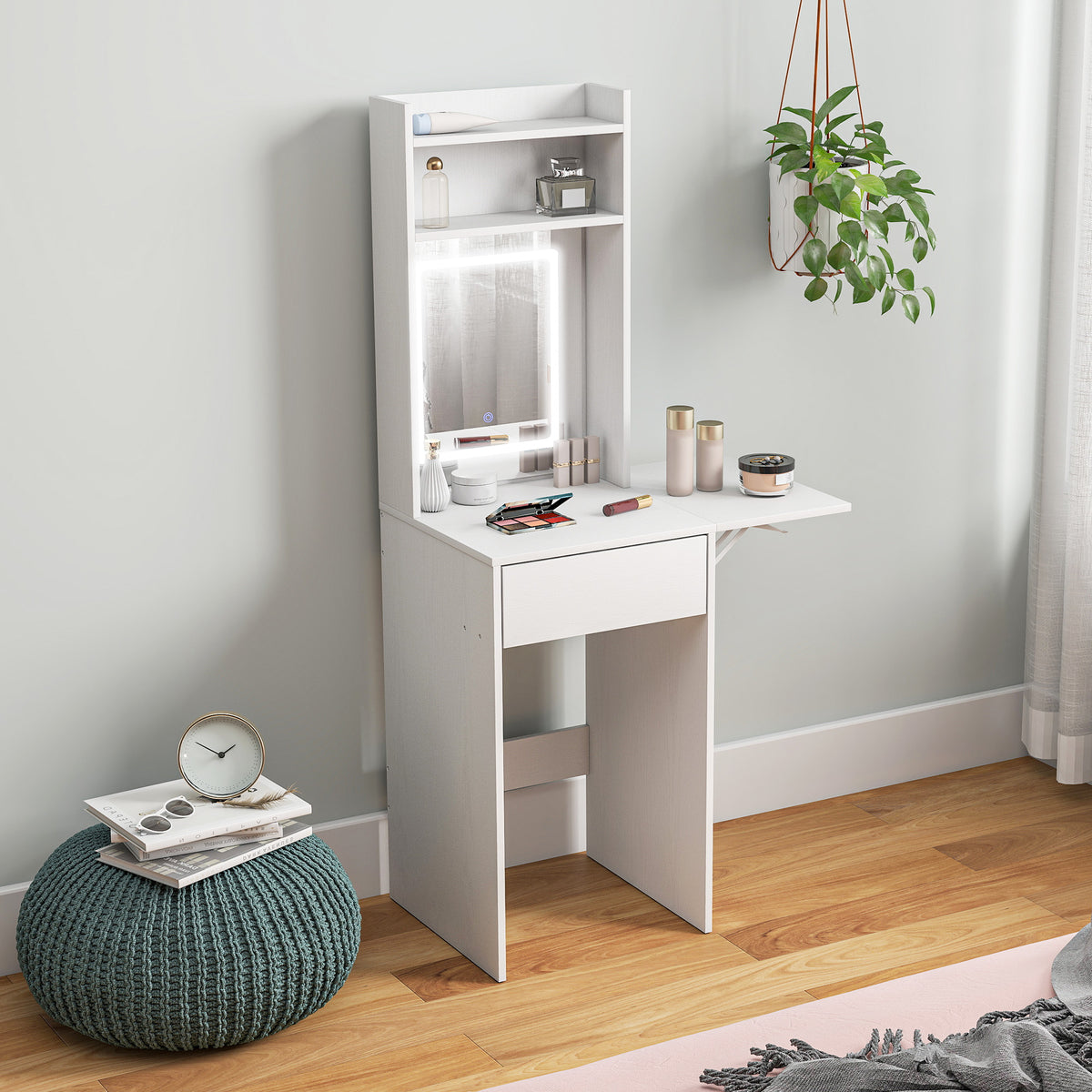 Kompakter Schminktisch mit Spiegel und LED-Beleuchtung, klappbare Tischplatte, offenere Regale, Schublade, MDF, Weiß