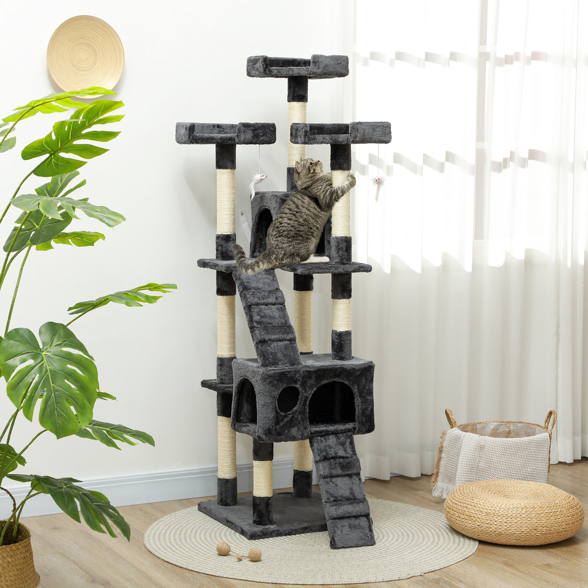 173cm Cat Tree Scratching House, Activity Play Centre, Grey
