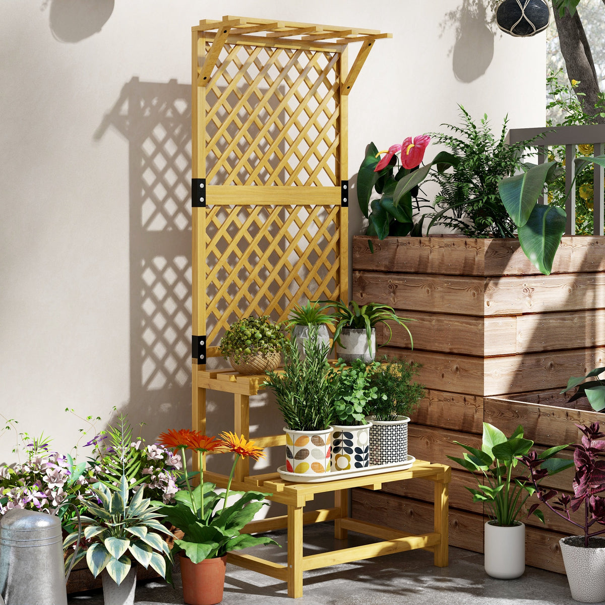 Wooden Plant Stand, with Trellis - Natural Finish