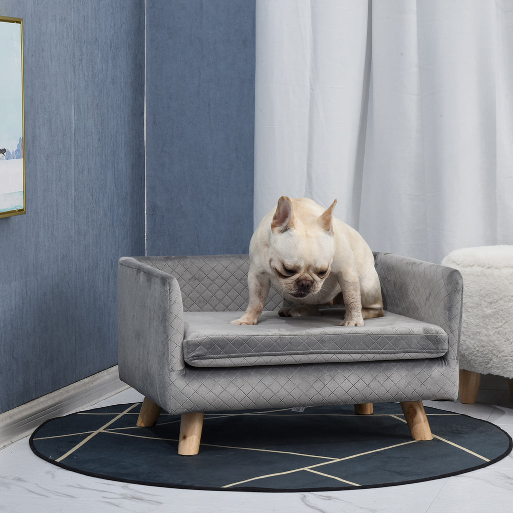 Hundesofa Hundebett Hundecouch aus Samt mit Rückenlehne, Holzbeine, Kissen, Katzensofa mit weicher Polsterung, für kleine Hunde 64 x 45 x 36 cm Dunkelgrau
