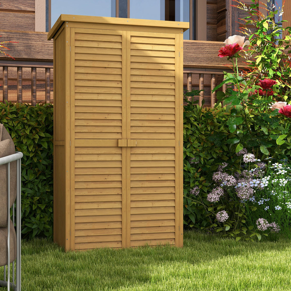 Wooden Small Shed, Garden Storage Shed with 3 Shelves, Asphalt Roof and Shutter Doors, Natural Wood Finish