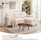 Ecksofa 192 cm L-Form 3-Sitzer Sofa mit umkehrbarer Chaiselongue, Cord-Optik, für kleinen Raum, Cremeweiß